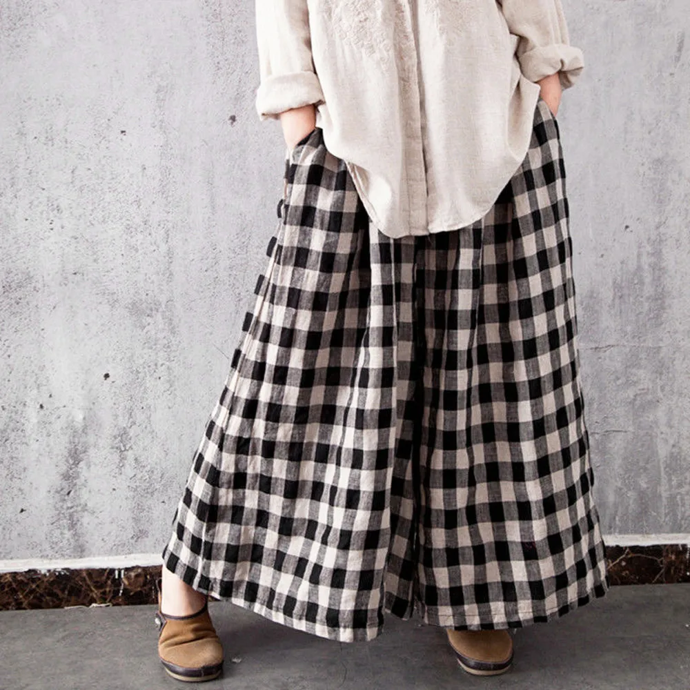 Женские хлопковые клетчатые длинные брюки Boho свободные с эластичной талией и