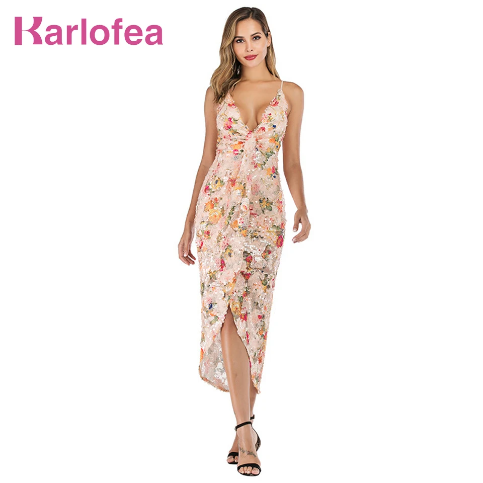 Karlofea Новое цветочное Сетчатое платье с блестками для отпуска женское