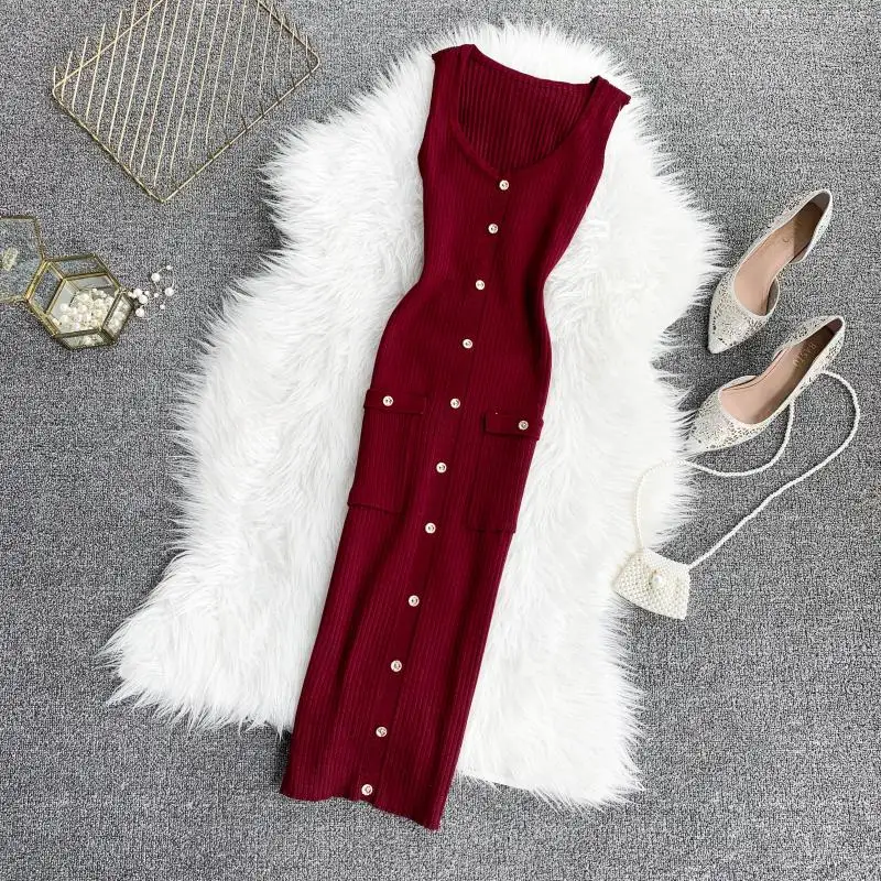 Новое летнее осеннее вязанное платье на пуговицах женское сексуальное тонкое