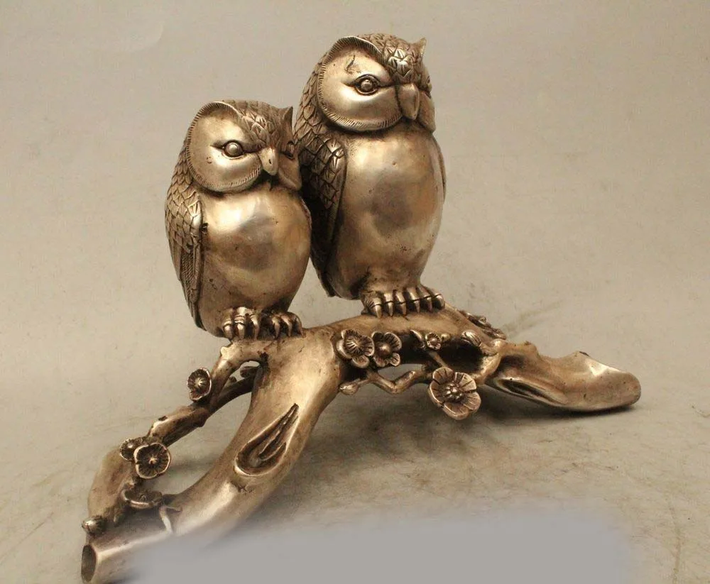 10&quot Folk Chinese Silver Sculpture Carved 2 Love Bird Scout Minerva Owl Statue | Дом и сад