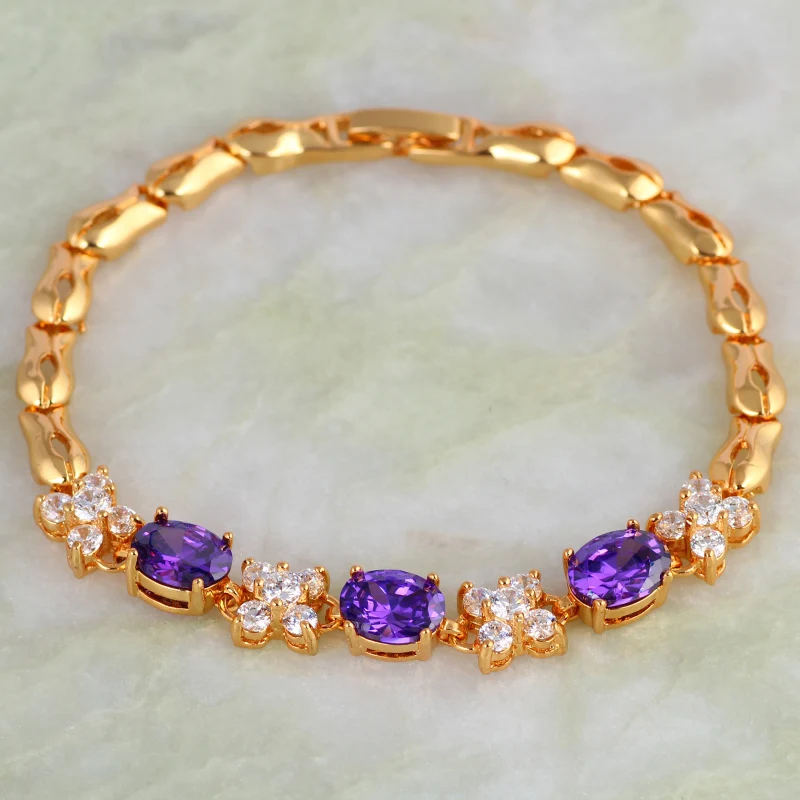 Best quality Purple crystal White Cubic Zirconia Yellow Gold Bracelet for female fashion jewelry 19cm 7.48 inch JB080 | Украшения и