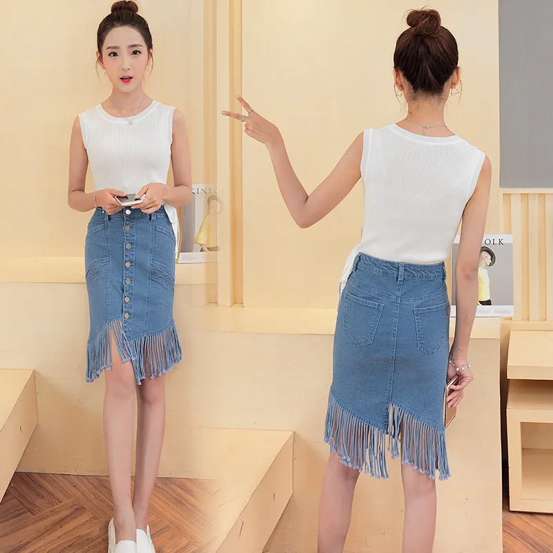 DOSOMA тонкий Высокая Талия посылка Для женщин джинсовая юбка синий однобортный