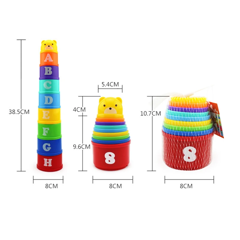 

9PCS Mini Bear Baby Stacking Cups Toy Figures Or Children Educational Toys Letters Fun Rainbow Cups Stacking Tower Toy Kids Gift