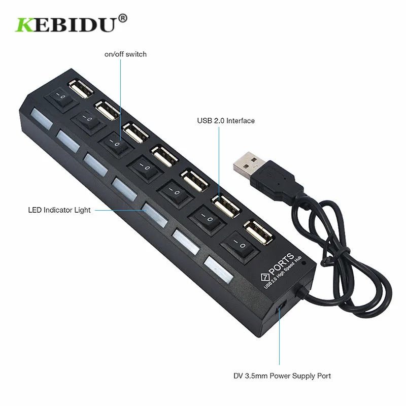 Разветвитель KEBIDU USB на 7 портов 480 Мбит/с 2 0|USB-адаптеры| |