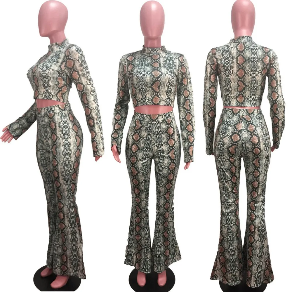 Women Snake Skin Two Pieces Set Long Flare Sleeve Sexy Turtleneck Crop Top and Elastic High Waist Wide Leg Pants Tanksuits Party |