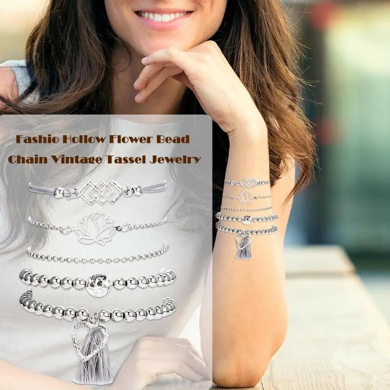 5 шт./компл. винтажный браслет в форме лотоса с кисточкой-сердцем набор серебряных