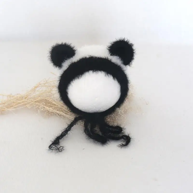 

Knitted Fuzzy Panda Hat Crochet Animal Bonnet Newborn Photography Props Cute Panda Cap Furry Bonnet Baby Birthday Gift