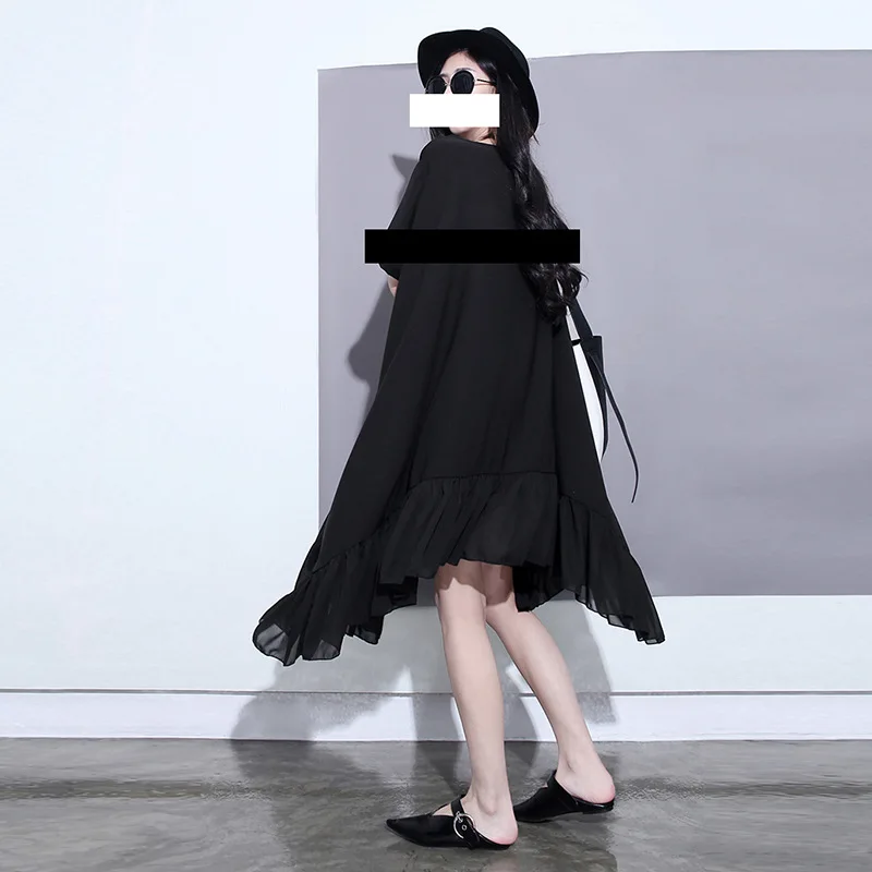 Женское шифоновое платье с оборками черное свободное плиссированное большого