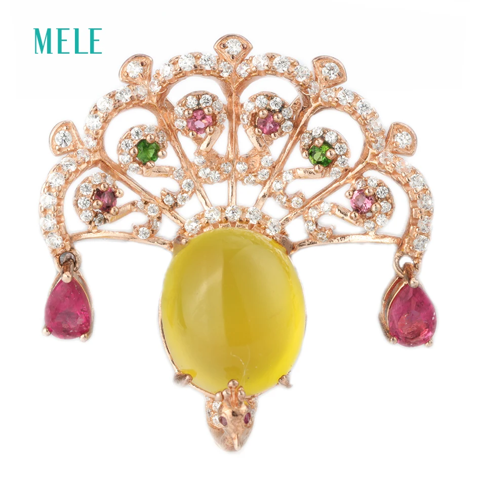 

Natural yellow prehnite silver pendant , big oval 12mm*14mm, multi-color bright tourmalines, vivid phoenix pendant, royal style