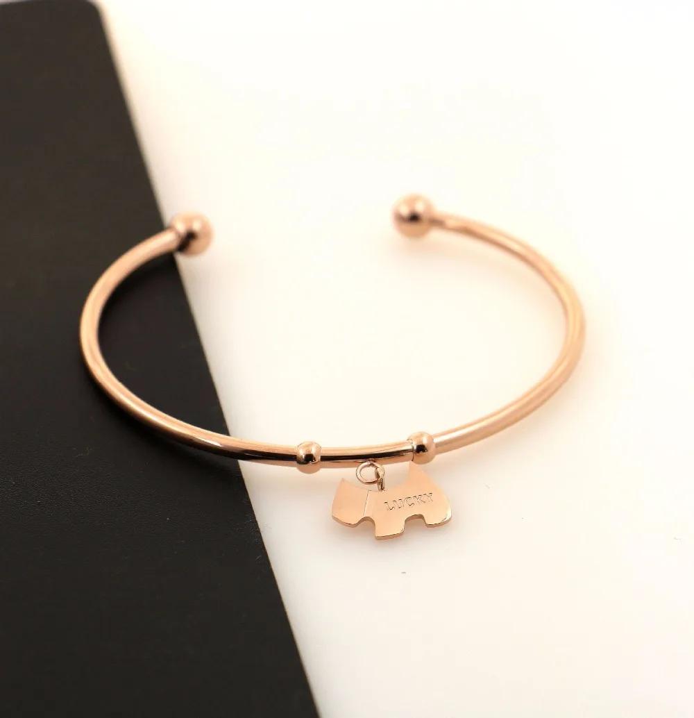 2018 Lucky dog C shape Bangle Gift Jewelry Rose gold color Titanium Steel Cuff Cubic Zirconia Dog beads Bangle/Bracelet | Украшения и