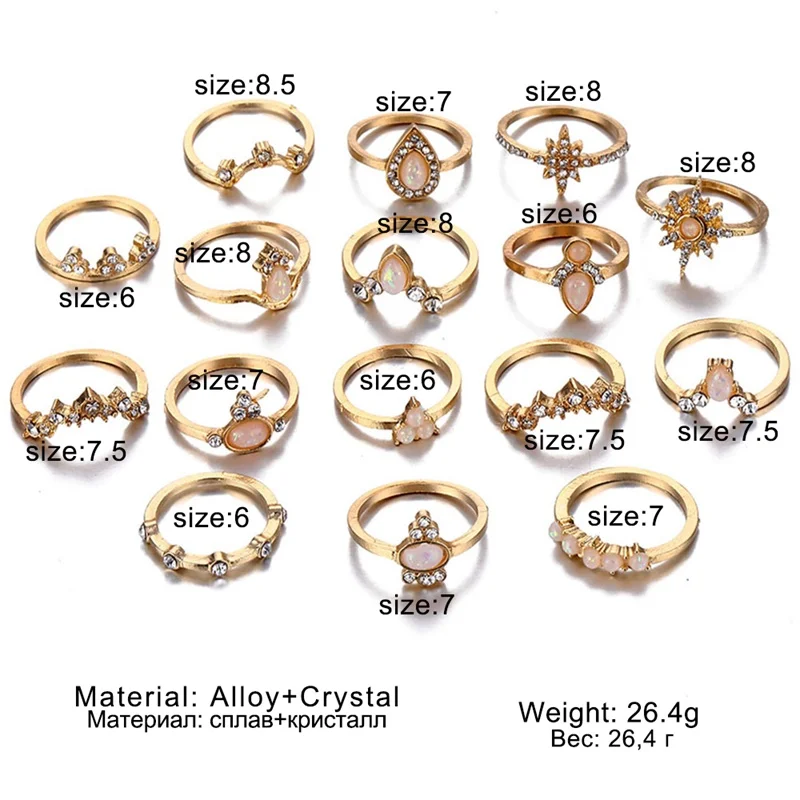 

Bohemian 16 Pcs/ Set Fashion Water Drops Crown Stars Round Gem Geometry Crystal Irregular Gold Ring Set Women Charm Jewelry Gift