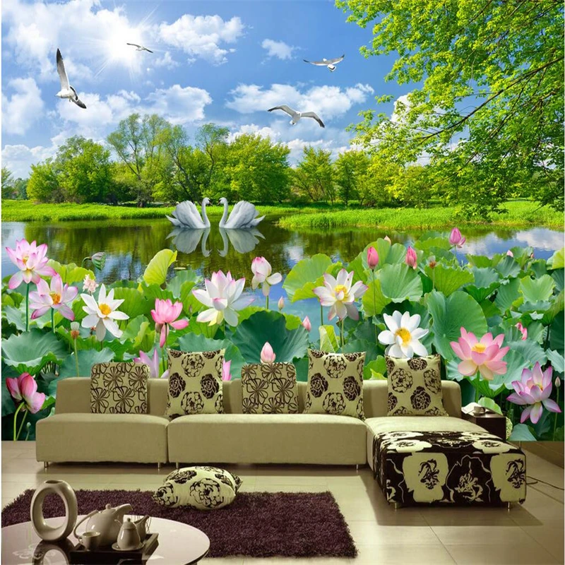 beibehang Custom wallpaper Murals Any size photo Beautiful scenery Swan Lake Lotus living room Landscape TV background wall |
