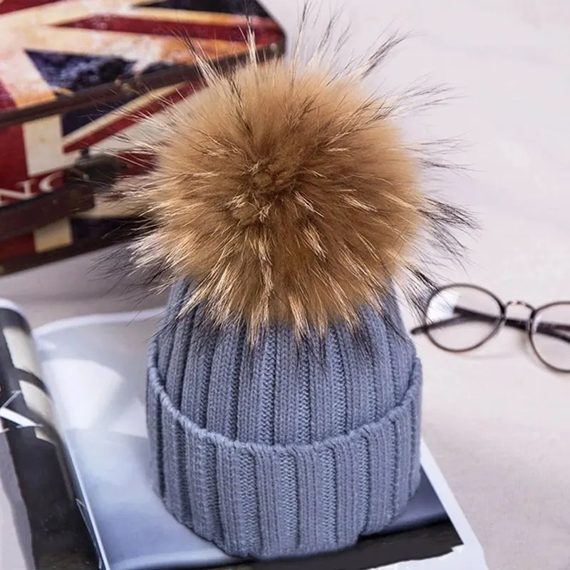 Шапка с помпоном унисекс вязаная шапка из меха енота теплые осенне-зимние шапки