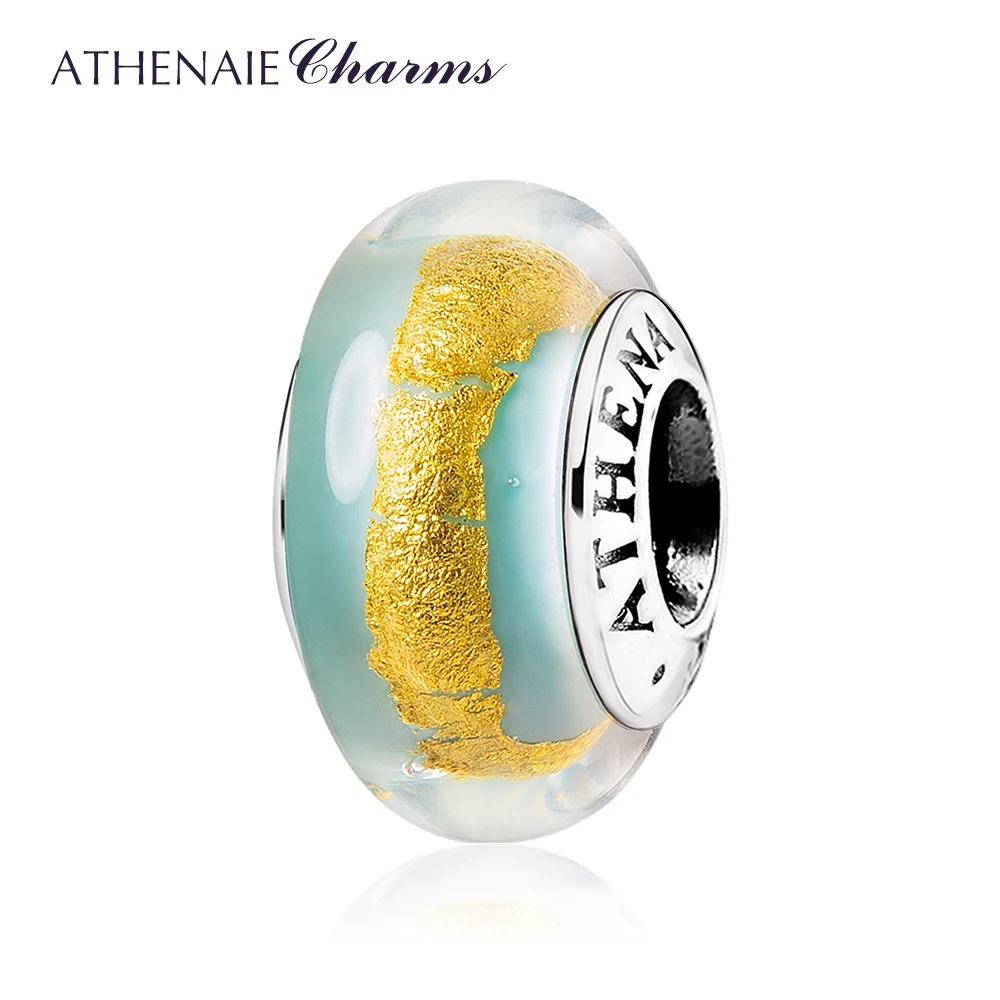 

ATHENAIE 100% 925 Sterling Silver Macaron Light Green Gold foil Murano Glass Beads fit Charms Bracelet Women Girl DIY Jewelry