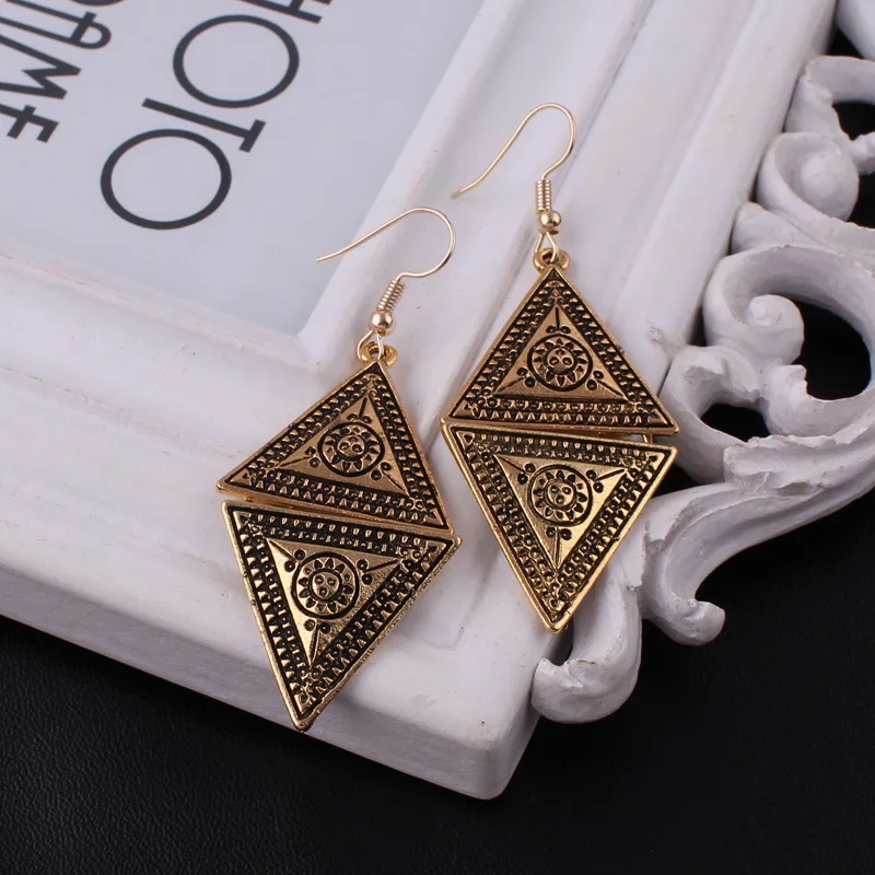 

Tenande Vintage Punk Long Statement Carved Sun Flowers Link Rhombus Double Triangles Dangle Earrings for Women Night Club Gifts
