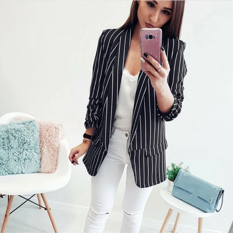 Женский приталенный Блейзер в полоску белый офисный блейзер с вырезами спереди