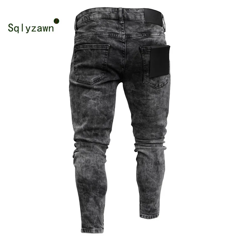 Мужские джинсы с заниженной талией облегающие рваные потертые плиссированные