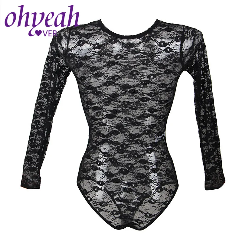 Ohyeahlover Черное Кружевное боди прозрачное женское сексуальное с длинным рукавом