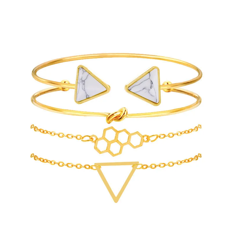 New 4pcs Infinite White Stone Bangle Women Triangle Honeycomb Pendant Link Chains Twist Open Cuff Bracelets/Bangles Set Female | Украшения
