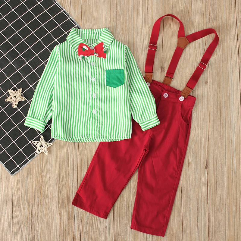 Gentleman Kid Boys Formal Suits Summer Sets Bow Tie Long Sleeve T-shirt Suspender Trouser 2Pcs Christmas Outfits 1-5Years