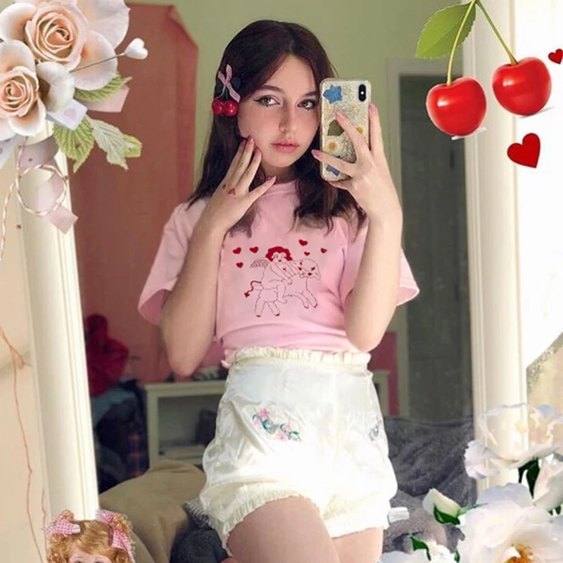 Sweetown розовый короткий рукав милый длинный негабаритных футболка Harajuku Kawaii Мультфильм Графический футболки для женщин корейская мода одежда рубашка