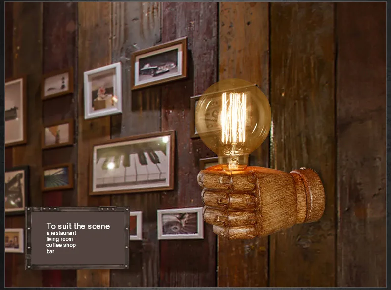 Лампа винтажная в стиле лофт форме кулака настенный светильник из смолы s E27