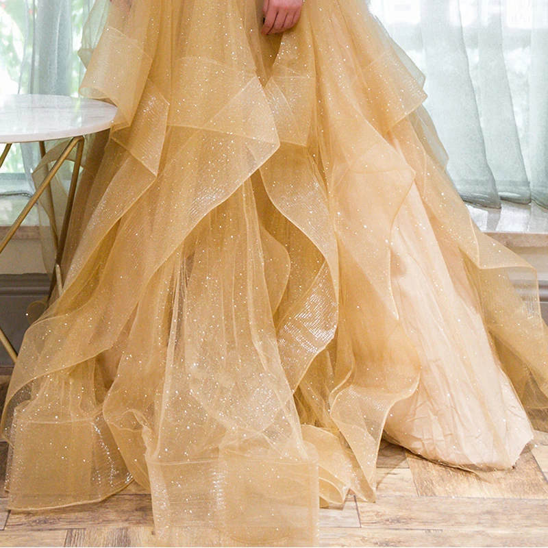 

Sexy Evening Dress New V-Neck Open Back A Line Long Evening Dresses Party Vestido De Festa Folding Tulle Prom Gowns