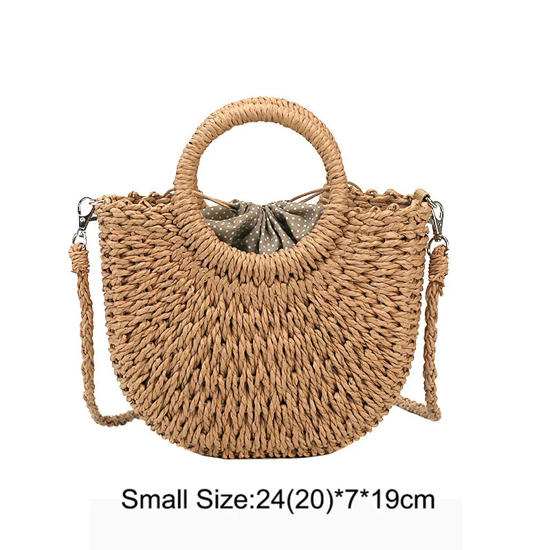 Small Khaki Соломенные сумки для женщин, летние пляжные сумки, винтажные повседневные женские сумки через плечо, вместительные сумки-тоут, сумки овальной формы - Цвет: Small Khaki