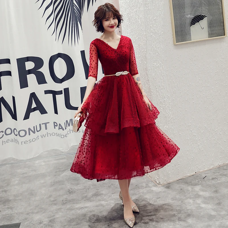 Женское вечернее платье с V образным вырезом длинное фатиновое винного цвета