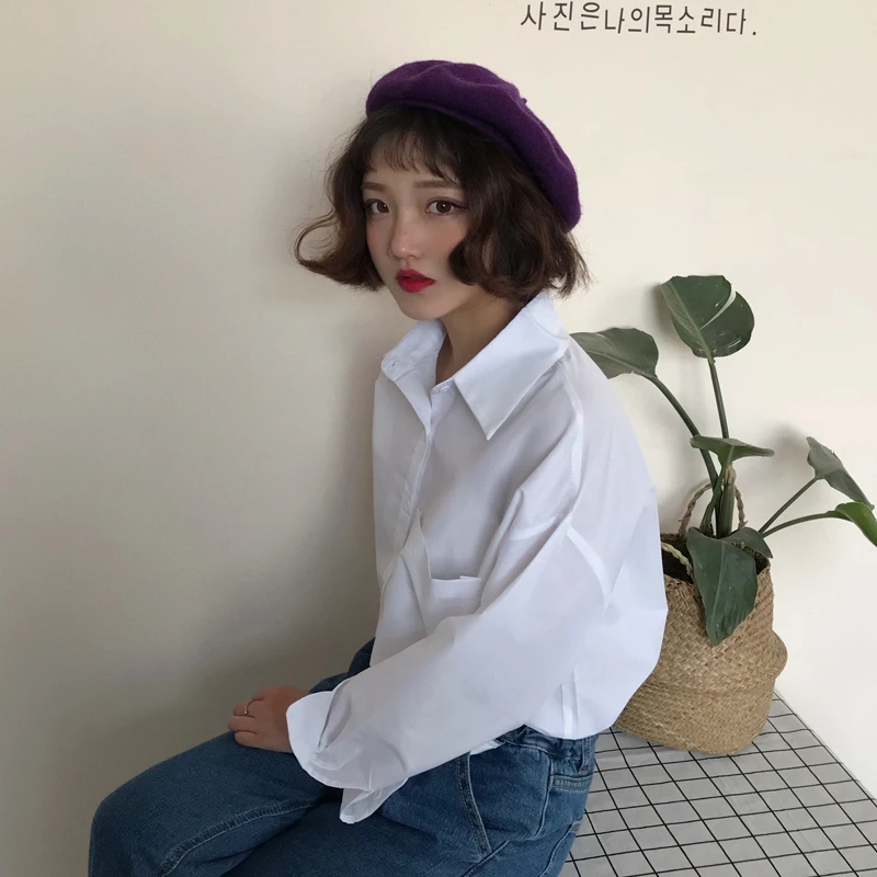 Женская блузка с отложным воротником однотонная Свободная рубашка длинными