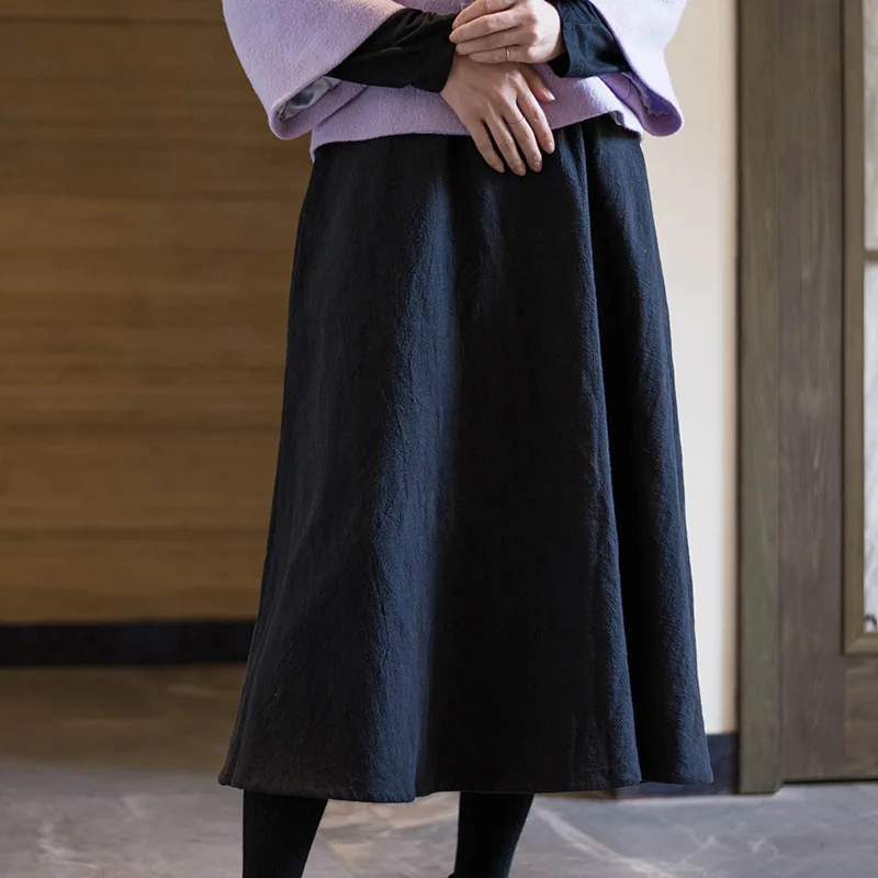 Skirt Women's Original Chinese Style Retro Literary Cotton Linen Wild A-Line Black |