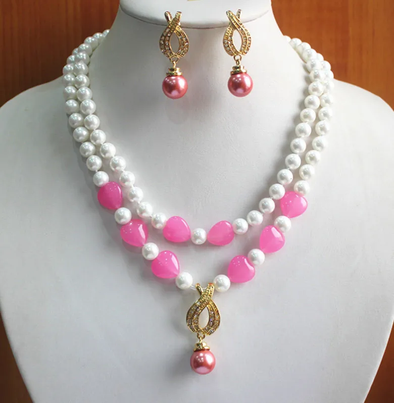 Оптовая продажа 2 ряда 8 мм белый жемчуг смешанное розовое сердце камень женское