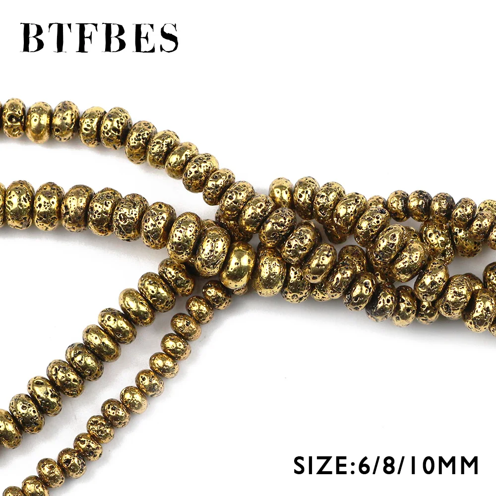 

BTFBES 6 8 10mm Flat Round Antique Old Gold Lava Beads Natural Stone Volcanic Rock Loose beads for Jewelry Bracelet making DIY