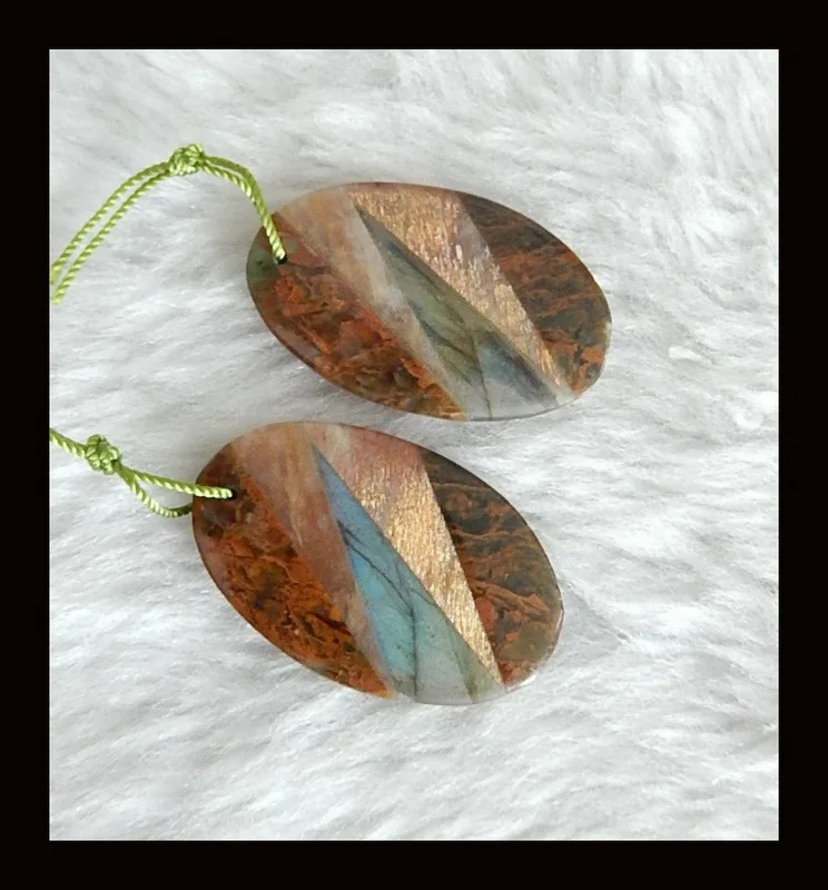 

Labradorite,Sun Stone,Green Opal Intarsia Gemstone Earring Bead,31x20x4mm,8.1g