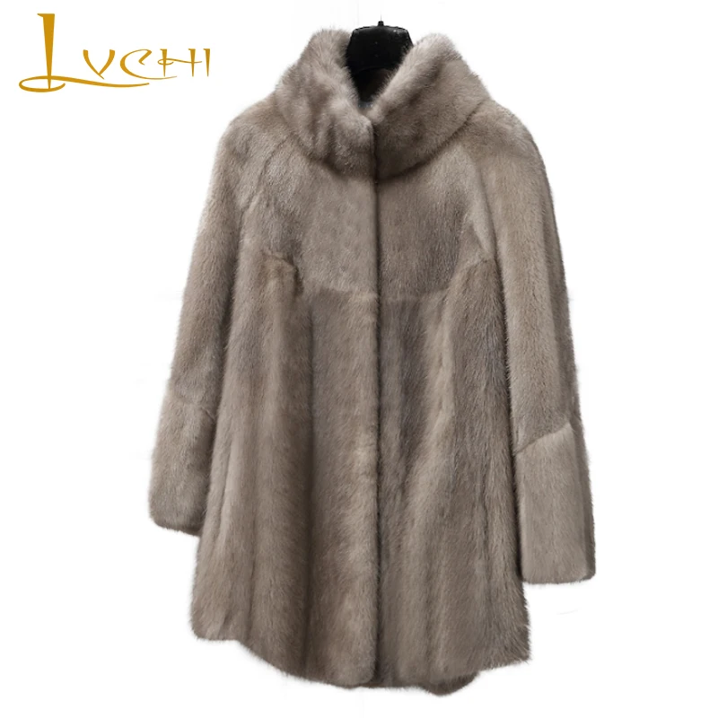 

LVCHI Winter 2019 Real Mink Fur Coats Women's Long Sleeve Grey Mink Coat Full Pelt Mandarin Collar Causal Medium Slim Mink Coats