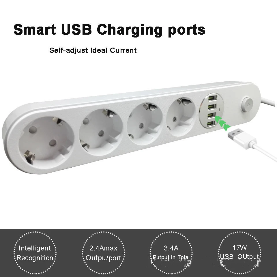 2 м USB силовая лента для дома, офиса, ЕС, защита от перенапряжения, 4 разъема переменного тока, мульти-розетка с 4 портами usb, зарядное устройство MAX 2500 Вт для huawei Xiaomi