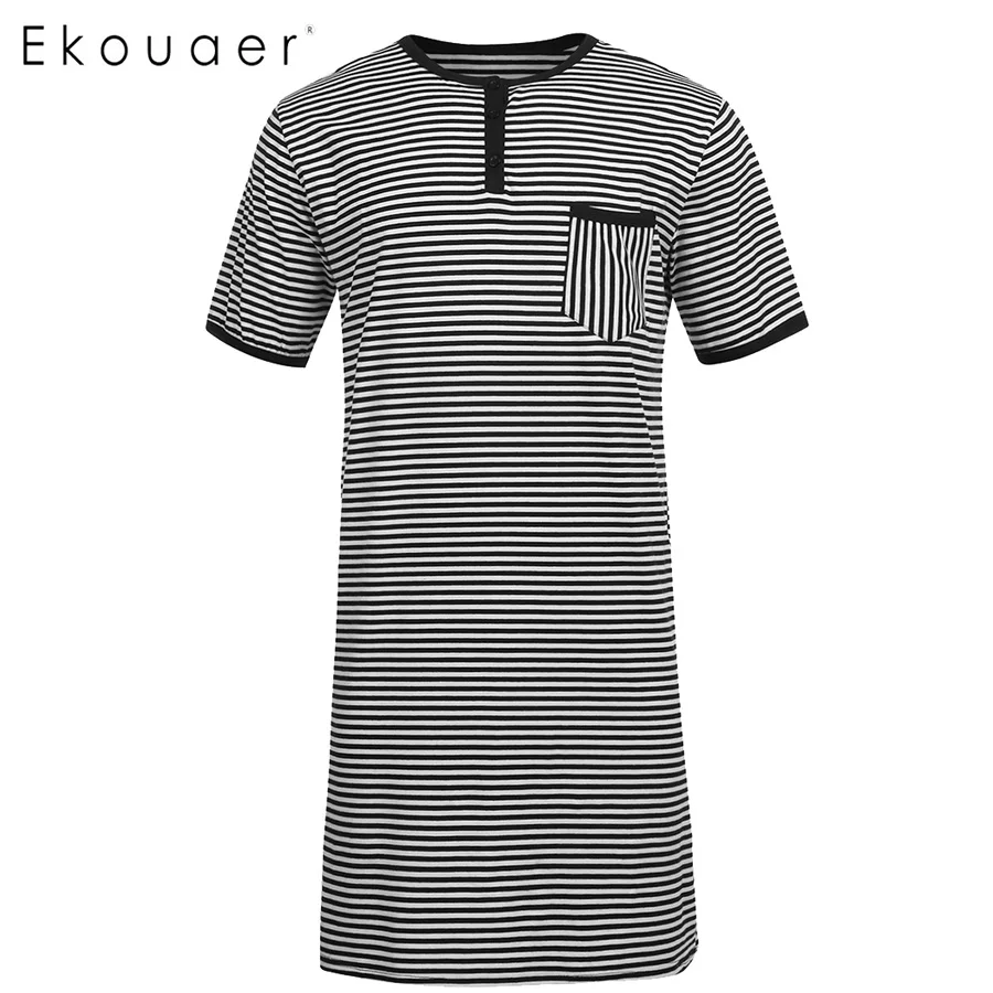 Ekouaer, Мужская Хлопковая пижама, топ, рукав реглан, ночная рубашка, пэчворк, длинная, легкая, полукнопка, свободная Пижама, повседневные топы для сна - Цвет: Type 1
