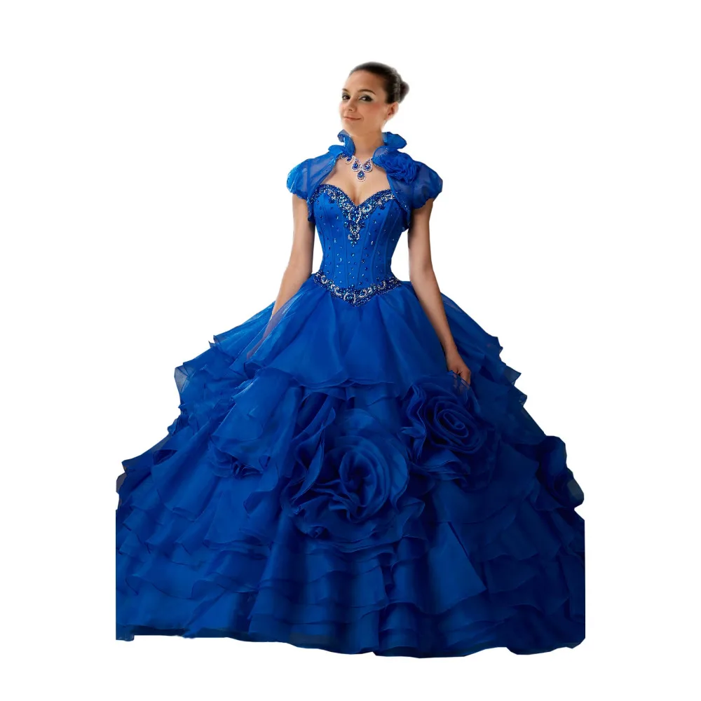 Royal Blue Quinceanera Dresses 2017 Handmade Flowers Organza Sweetheart With Jacket Ball gown Sweet Girls Prom pageant Dress | Свадьбы и