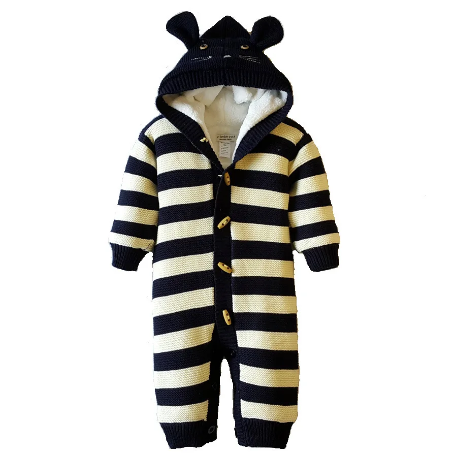 

Unisex Boys Girls Winter Autumn Hooded Romper Long Sleeve Cartoon Pattern Warm Thicken Knit Fleece Jumpsuit Sweaters