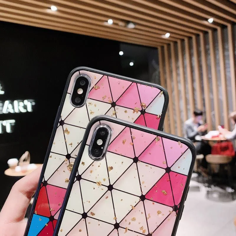 Fashion Geometry Triangle Case for iPhone X XS Max XR Glossy Hard Capa Fundas 8 7 6 6S Plus Luxury Gold Foil Covers |