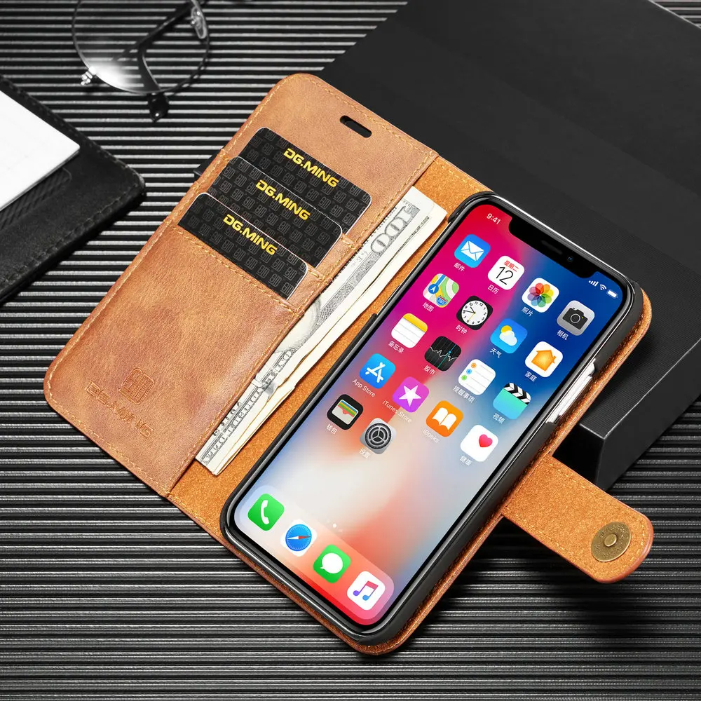 DG. MING 2в1 Винтажный чехол кошелек для iPhoneX XS XR Магнитный съемный кожаный iPhone MAX Folio