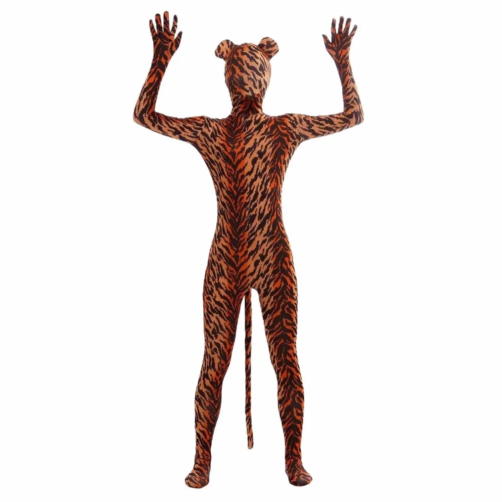 Тигр полный боди Zentai костюм с животными ушами и хвостом Зебра лайкра спандекс для