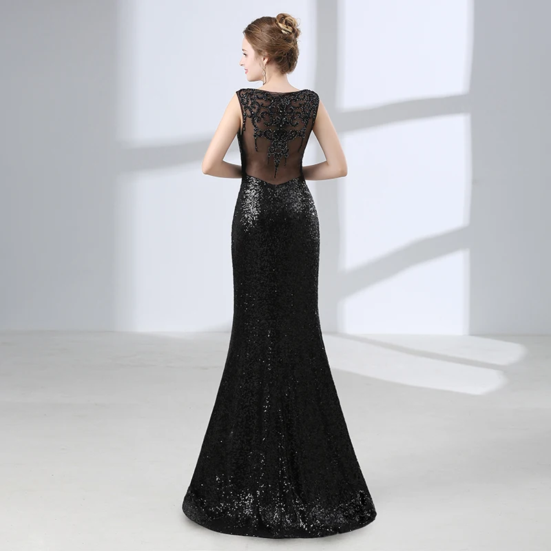 Женское вечернее платье черное длинное с блестками и открытой спинкой|robe de