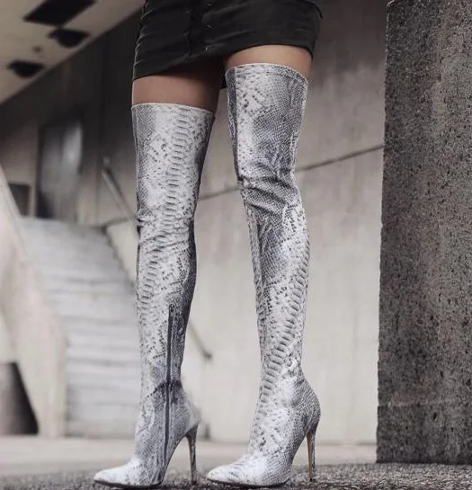 Spring New Brand Woman Python Snake Skin Pu Stiletto Heels Pointed Toe Slim Over The Knee Thigh Long Boots Burgundy Plus Size | Обувь