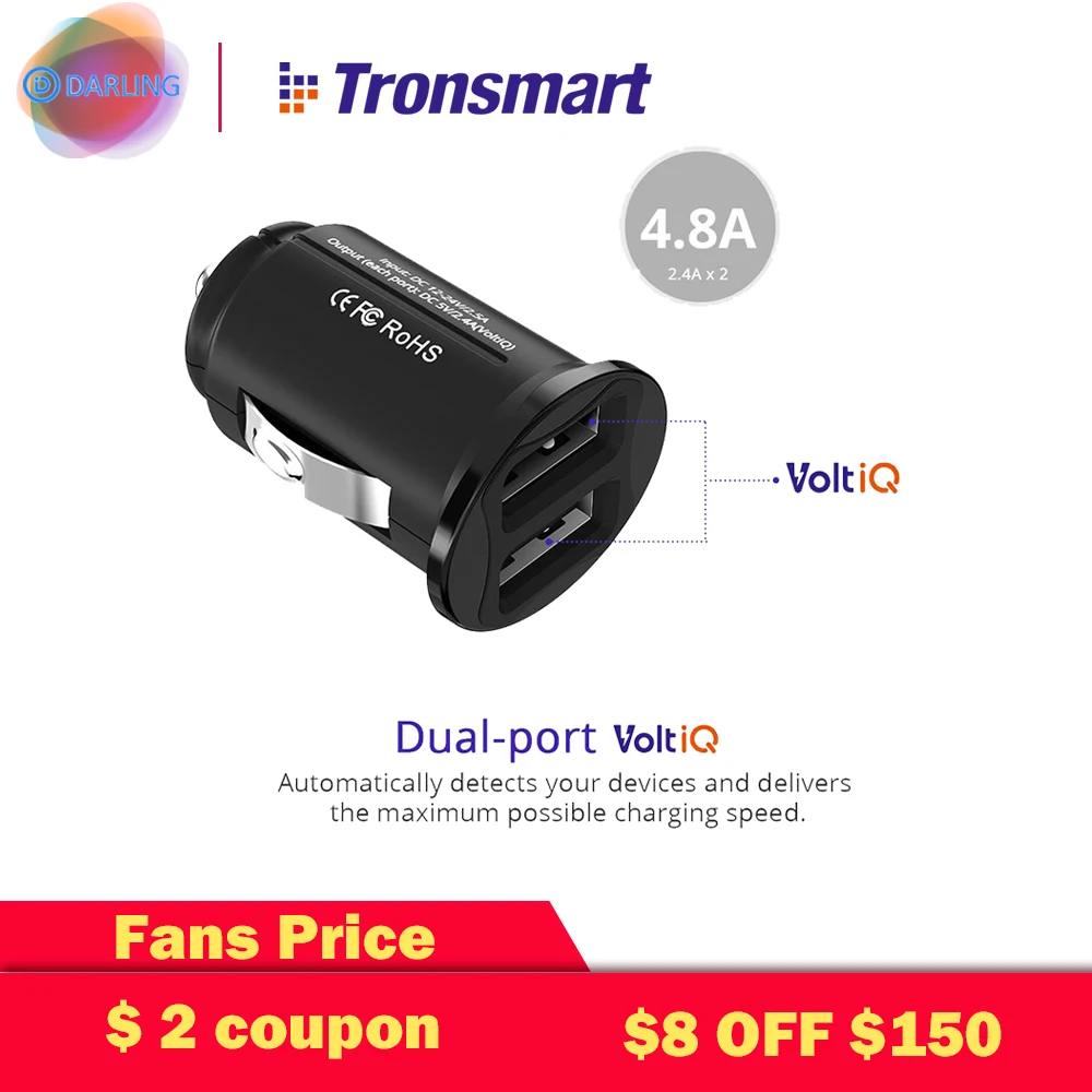 Tronsmart C24 Dual USB Автомобильное зарядное устройство для телефона зарядка samsung xiaomi ios
