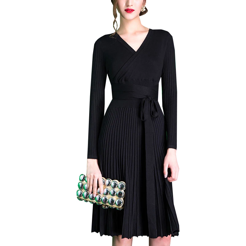 Женское трикотажное платье с V образным вырезом длинным рукавом|knitted dress|sweater