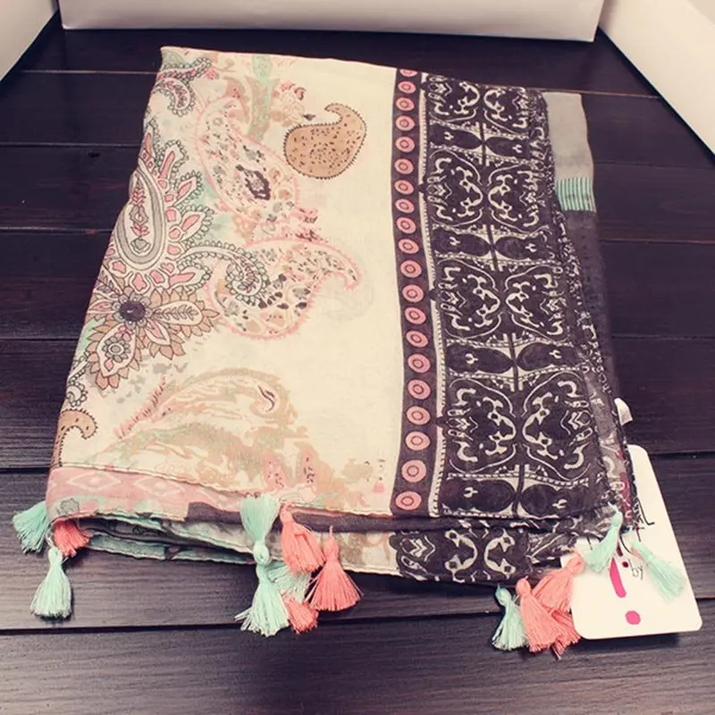 Boho кисточкой Шелковый Шарф Длинный солнцезащитный крем обертывания Для женщин