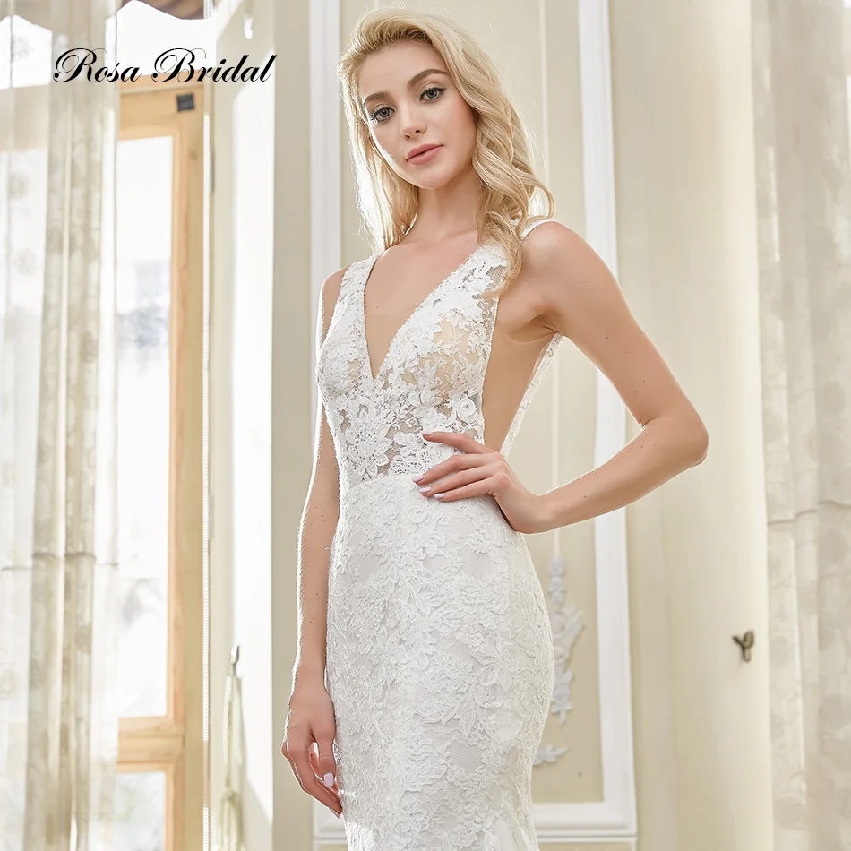 Rosabridal 2019 new Mermaid Wedding Dress Glimpse Deep V-neck Sleeveless Beading Lace Embroidery invisible backless dress