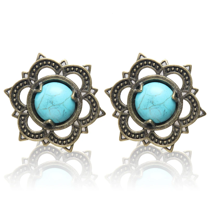 New Products Mandala Blue Stone Copper Earplugs Tunnel Plugs Body Piercings Jewelry Single Horn Ear Dilator Stretch | Украшения и