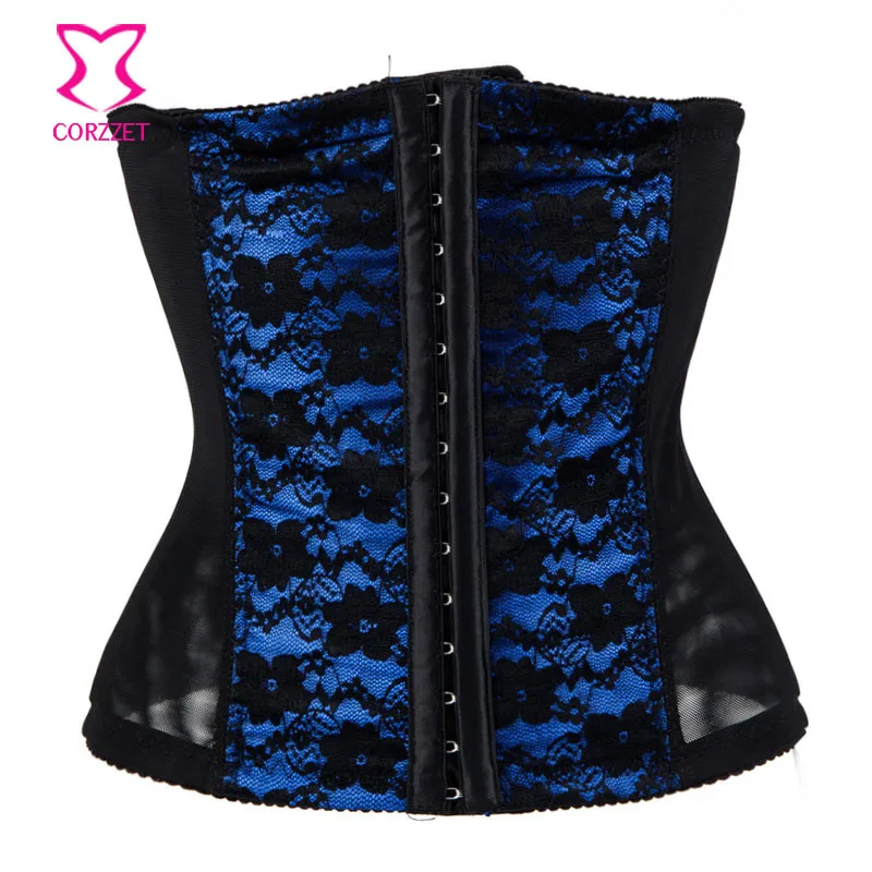 Корсет со стальными костями черный/синий с цветочным принтом корсет для